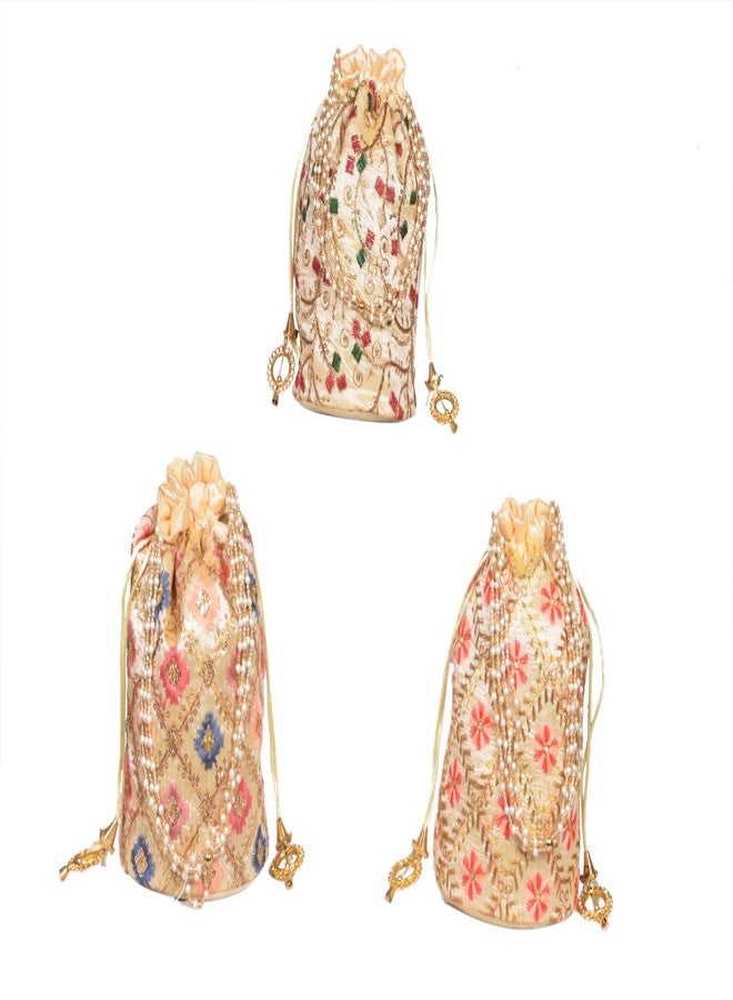 SuneshCreation Traditional Potli Bag, Embroidered with Beads and Sequins, Golden With Multicolour Motifs, Gold Drawstring, Wedding Party Festive Clutch (beidge) - Image 5